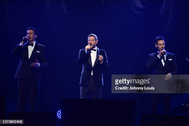 David Miller, Sebastien Izambard and Urs Buhler of Il Divo’s perform live on stage during the “Greatest Hits Tour” at James L. Knight Center on...
