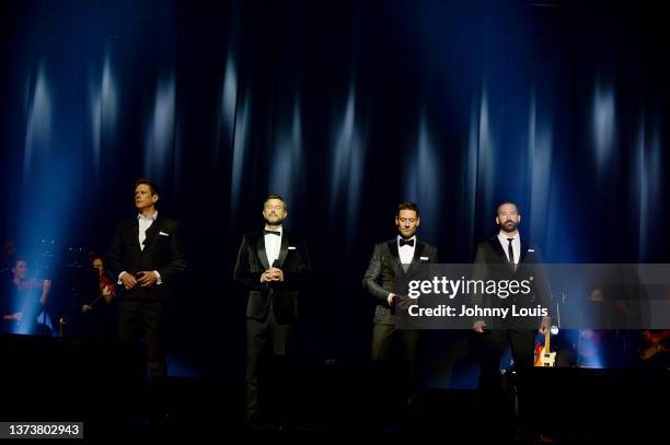 David Miller, Sebastien Izambard, Urs Buhler and special guest vocalist Steven LaBrie of Il Divo’s perform live on stage during the “Greatest Hits...