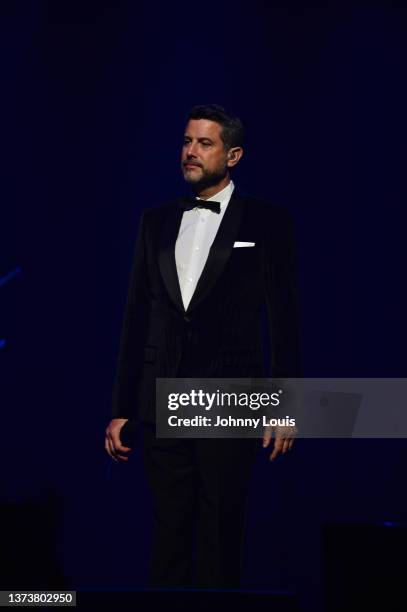 Sebastien Izambard of Il Divo’s performs live on stage during the “Greatest Hits Tour” at James L. Knight Center on February 27, 2022 in Miami,...