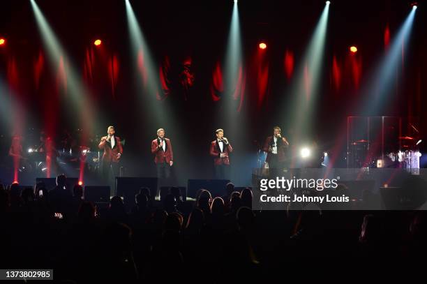 Sebastien Izambard, Urs Buhler, David Miller and special guest vocalist Steven LaBrie of Il Divo’s perform live on stage during the “Greatest Hits...