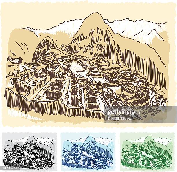 machu picchu sketch - inca stock illustrations