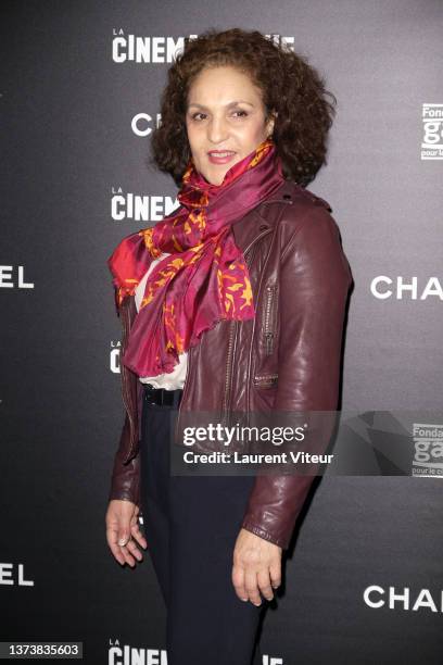 Actress Farida Rahouadj attends the "Viens Je t'Emmene" photocall At La Cinematheque on February 28, 2022 in Paris, France.