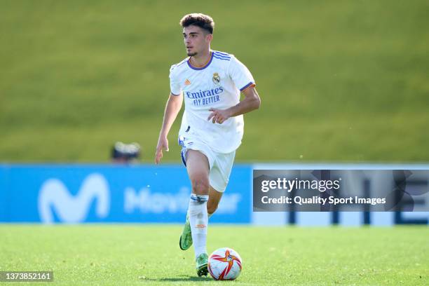 Miguel Gutierrez of Real Madrid Castilla runs with the ball during the Primera RFEF Group 2 match between Real Madrid Castilla and Linares Deportivo...