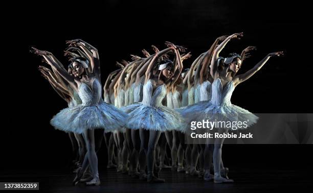 London,United Kingdom-February 28:Artists of the company in The Royal Ballets production of Swan Lake at The Royal Opera House on February 28, 2022...