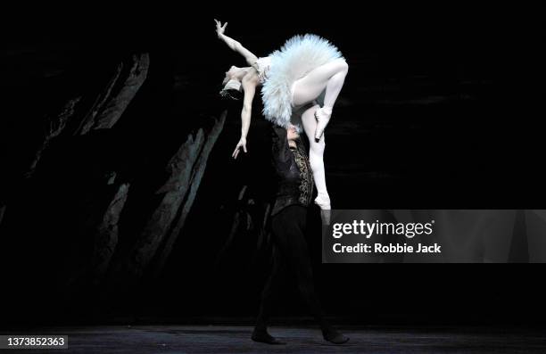 London,United Kingdom-February 28:Mayara Magri as Odette/Odiile and Cesar Corrals as Prince Siegfried in The Royal Ballets production of Swan Lake at...