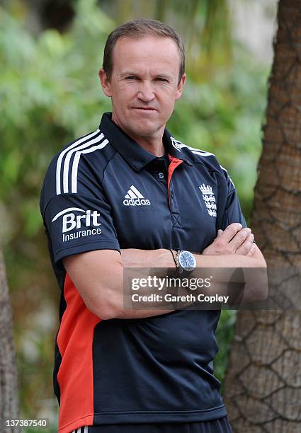 England coach Andy Flower poses for a photograph after a press conference at the team hotel on January 20, 2012 in Dubai, United Arab Emirates.