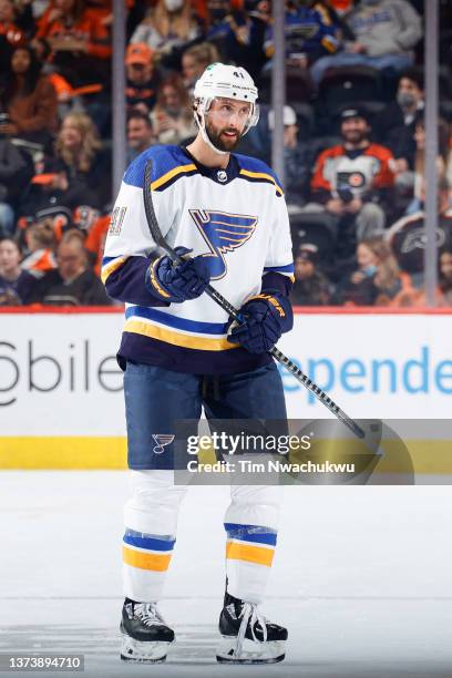 Robert Bortuzzo of the St. Louis Blues looks on against the Philadelphia Flyers at Wells Fargo Center on February 22, 2022 in Philadelphia,...