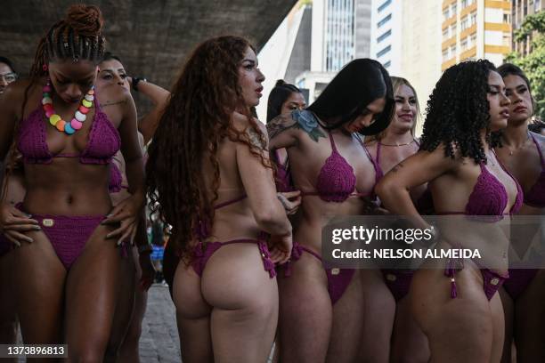 Models take part in the promotion of the Miss Bumbum beauty pageant along Paulista Avenue in Sao Paulo, Brazil, on June 30, 2023.