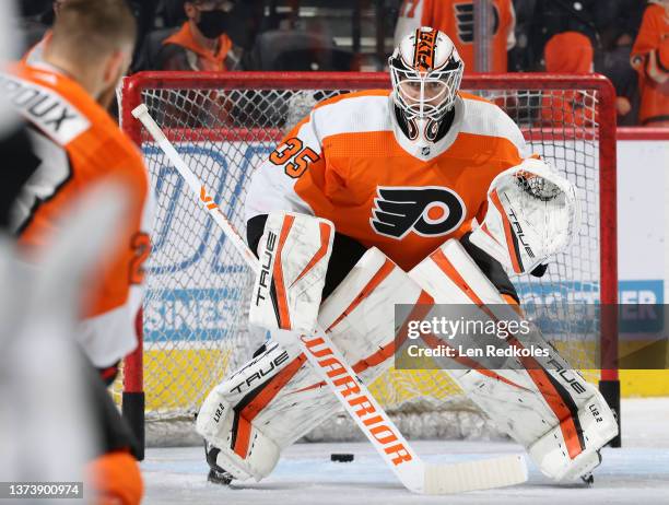 Martin Jones of the Philadelphia Flyers takes shots on goal during warm-ups prior to his game against the St Louis Blues at the Wells Fargo Center on...