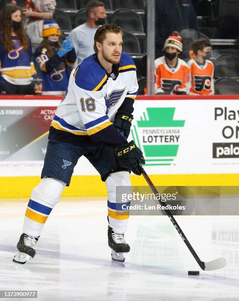 Robert Thomas of the St Louis Blues skates the puck during warm-ups prior to his game against the Philadelphia Flyers at the Wells Fargo Center on...