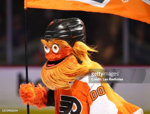 Gritty the mascot of the Philadelphia Flyers skates onto the ice prior to the start of an NHL game against the St Louis Blues at the Wells Fargo...
