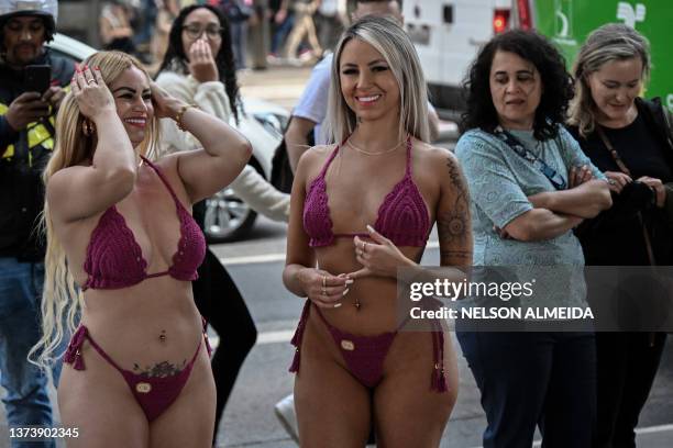 Models take part in the promotion of the Miss Bumbum beauty pageant along Paulista Avenue in Sao Paulo, Brazil, on June 30, 2023.