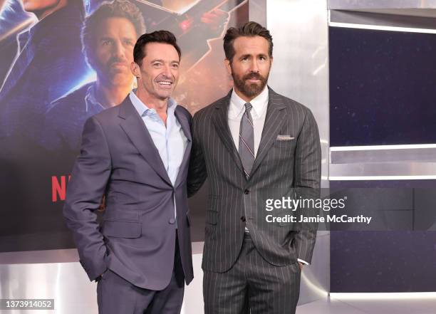 Hugh Jackman and Ryan Reynolds attends "The Adam Project" New York Premiere on February 28, 2022 in New York City.