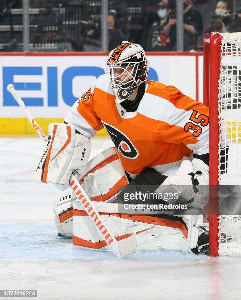 Martin Jones of the Philadelphia Flyers prepares to stop a shot on goal against the St Louis Blues at the Wells Fargo Center on February 22, 2022 in...