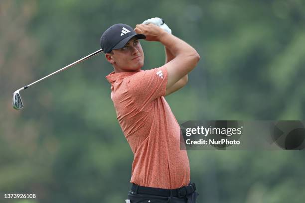 Ludvig Aberg of Sweden tees off on the 9th tee during the second round of the Rocket Mortgage Classic at the Detroit Country Club in Detroit,...