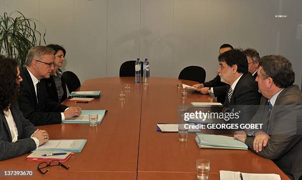 European Union economic affairs commissioner Olli Rehn meets with Hungarian minister for National Development Tamas Fellegi on January 20, 2012 at...