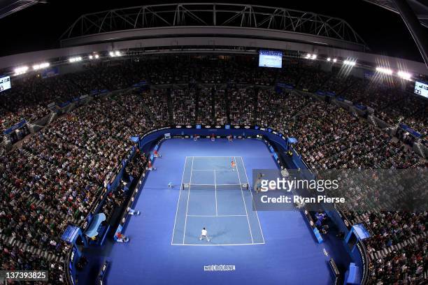 General view from above Rod Laver Arena during the third round match between Alexandr Dolgopolov of the Ukraine and Bernard Tomic of Australia during...