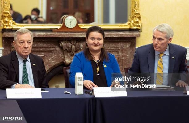 Sen. Richard Durbin , Ukrainian Ambassador to the United States Oksana Markarova and Sen. Rob Portman hold a meeting at the U.S. Capitol on February...