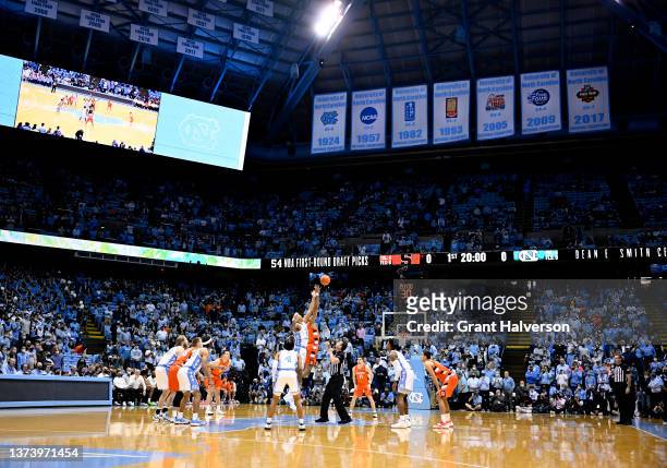 General view of the tip-off between the Syracuse Orange and the North Carolina Tar Heels during their game at the Dean E. Smith Center on February...