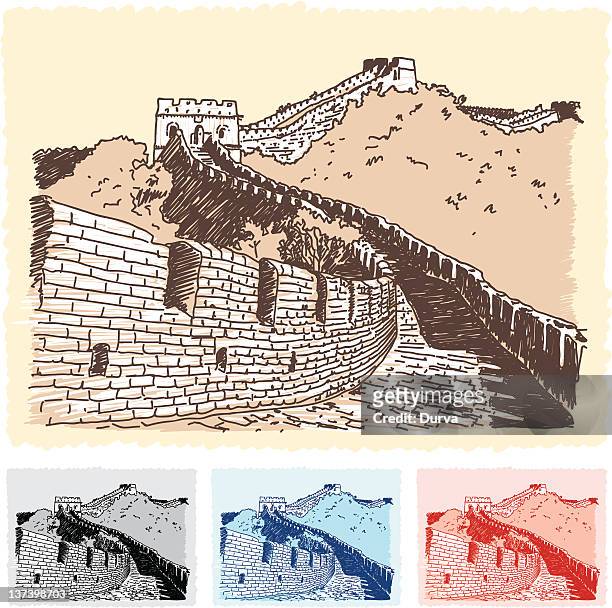 great wall sketch - great wall of china stock illustrations