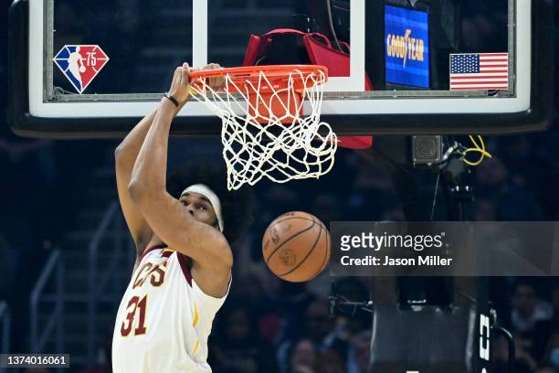 Jarrett Allen of the Cleveland Cavaliers dunks the ball during the first quarter against the Minnesota Timberwolves at Rocket Mortgage Fieldhouse on...