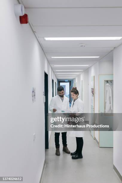 two scientist discussing something in hallway - young man scientist stock pictures, royalty-free photos & images