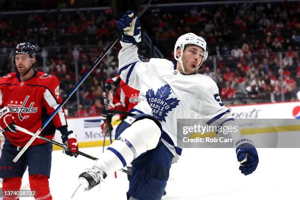 Michael Bunting of the Toronto Maple Leafs celebrates a first period goal against the Washington Capitals at Capital One Arena on February 28, 2022...