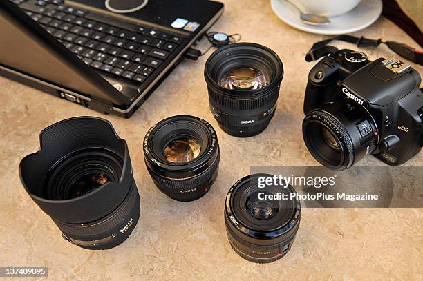 Selection of digital SLR lenses and a Canon EOS 450D camera, taken on February 11, 2009 in St Albans.