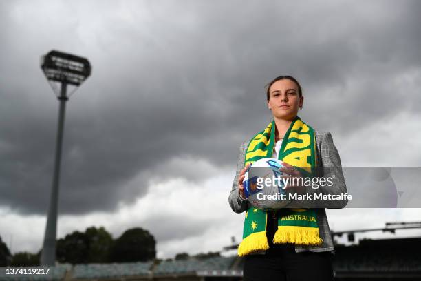Chloe Logarzo of the Matildas poses during a Matildas media opportunity at GIO Stadium on March 01, 2022 in Canberra, Australia.