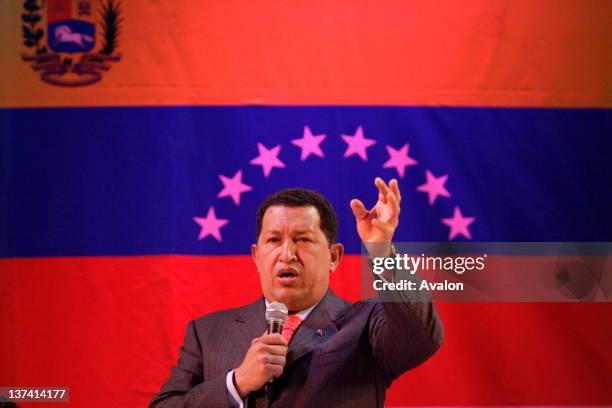 Venezualan President Hugo Chaves addresses an audience at the Camden Hall, London. 14 May 2006.