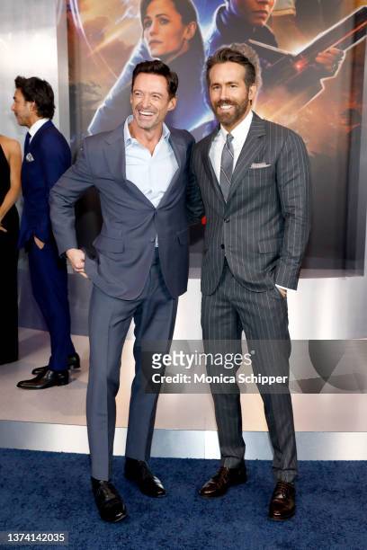 Hugh Jackman and Ryan Reynolds attend The Adam Project World Premiere at Alice Tully Hall on February 28, 2022 in New York City.