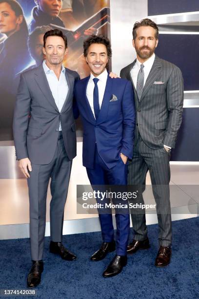 Hugh Jackman, Shawn Levy, and Ryan Reynolds attend The Adam Project World Premiere at Alice Tully Hall on February 28, 2022 in New York City.