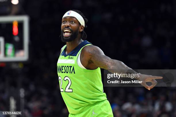 Patrick Beverley of the Minnesota Timberwolves yells to a teammate during the second half against the Cleveland Cavaliers at Rocket Mortgage...