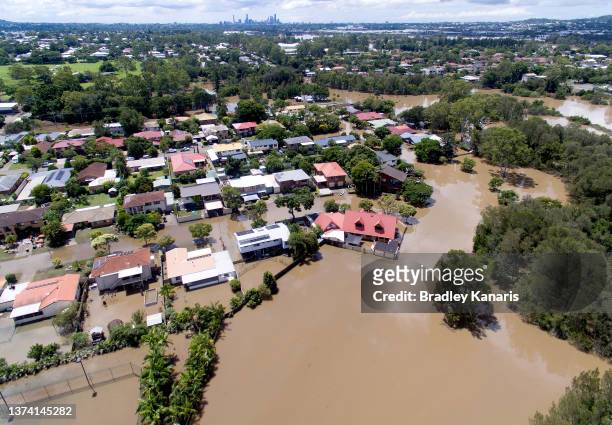 In the foreground the suburbs of Corinda and Oxley with other locations on the south and south-western suburbs of Brisbane are seen flooded on March...