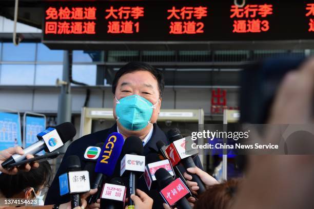 Liang Wannian, who leads a team of Chinese mainland medical experts, speaks to the media as he arrives at Shenzhen Bay Port on February 28, 2022 in...