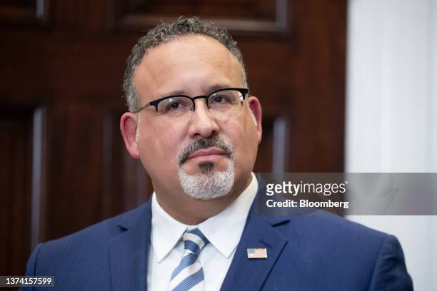 Miguel Cardona, US secretary of education, as US President Joe Biden, not pictured, speaks in the Roosevelt Room of the White House in Washington,...