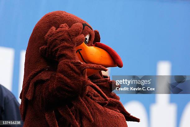 Hokie Bird, the mascot for the Virginia Tech Hokies looks on against the Michigan Wolverines during the Allstate Sugar Bowl at Mercedes-Benz...