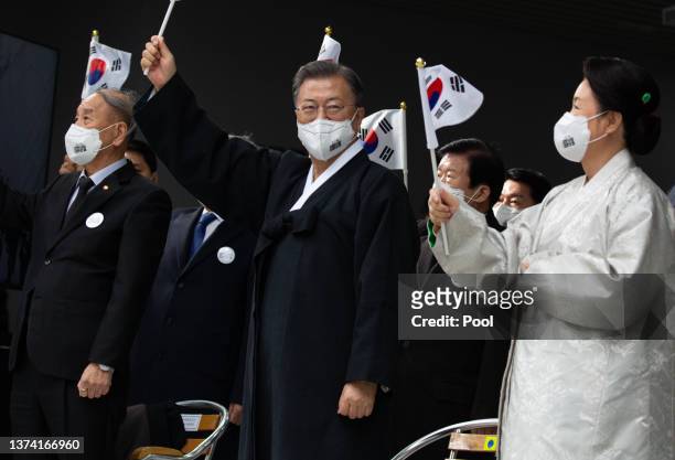 South Korean President Moon Jae-in and his wife Kim Jung-sook attend the 103rd Independence Movement Day ceremony on March 01, 2022 in Seoul, South...