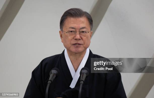 South Korean President Moon Jae-in speaks during the 103rd Independence Movement Day ceremony on March 01, 2022 in Seoul, South Korea. South Koreans...