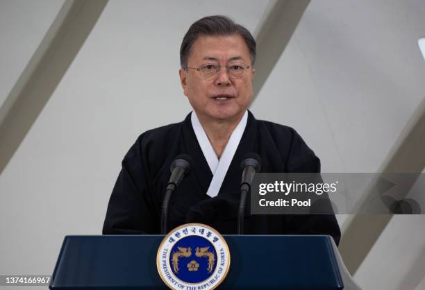 South Korean President Moon Jae-in speaks during the 103rd Independence Movement Day ceremony on March 01, 2022 in Seoul, South Korea. South Koreans...