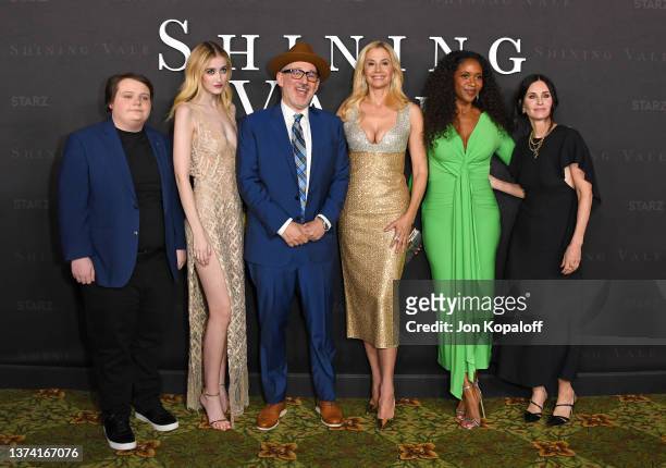 Dylan Gage, Gus Birney, Jeff Astrof , Mira Sorvino, Merrin Dungey, and Courteney Cox attend the Premiere of STARZ "Shining Vale" at TCL Chinese...
