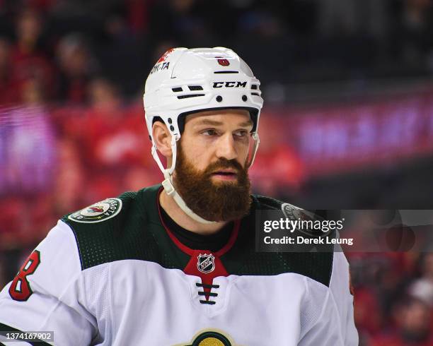 Jordie Benn of the Minnesota Wild in action against the Calgary Flames during an NHL game at Scotiabank Saddledome on February 26, 2022 in Calgary,...