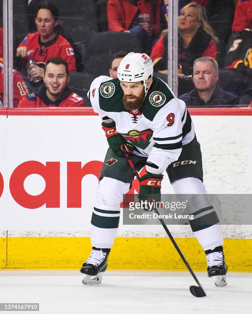 Jordie Benn of the Minnesota Wild in action against the Calgary Flames during an NHL game at Scotiabank Saddledome on February 26, 2022 in Calgary,...