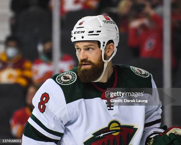 Jordie Benn of the Minnesota Wild in action against the Calgary Flames during an NHL game at Scotiabank Saddledome on February 26, 2022 in Calgary,...