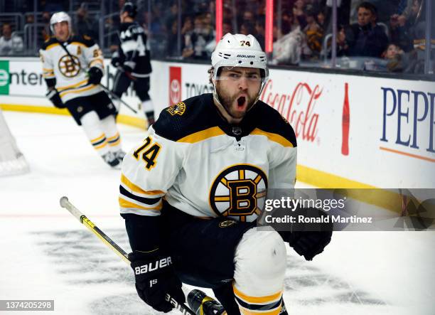 Jake DeBrusk of the Boston Bruins celebrates after scoring a goal against the Los Angeles Kings in the first period at Crypto.com Arena on February...