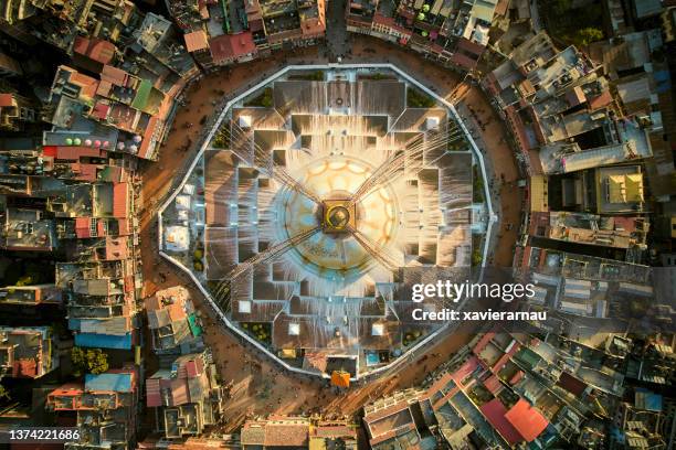 directly above bodnath stupa in kathmandu - nepal drone stock pictures, royalty-free photos & images