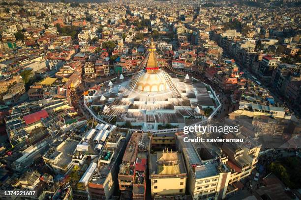 bodnath stupa from drone point of view, kathmandu - nepal drone stock pictures, royalty-free photos & images