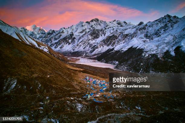 langtang village and himalayas at sunset, bagmati province - nepal stock pictures, royalty-free photos & images