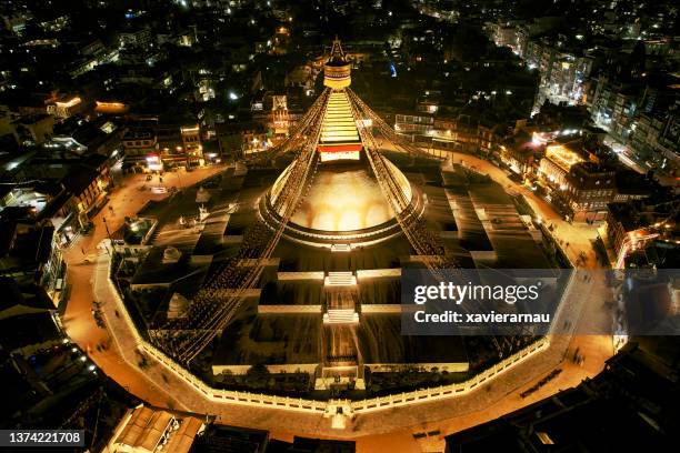 high angle view of illuminated bodnath stupa, nepal - stupa imagens e fotografias de stock