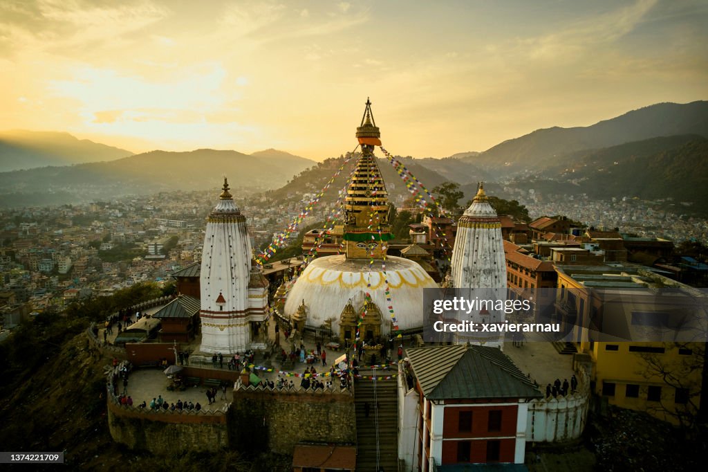 Ancient religious complex west of Kathmandu at dusk
